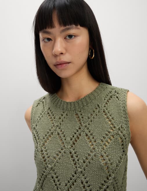 Cotton Blend Diamond Stitch Knitted Vest