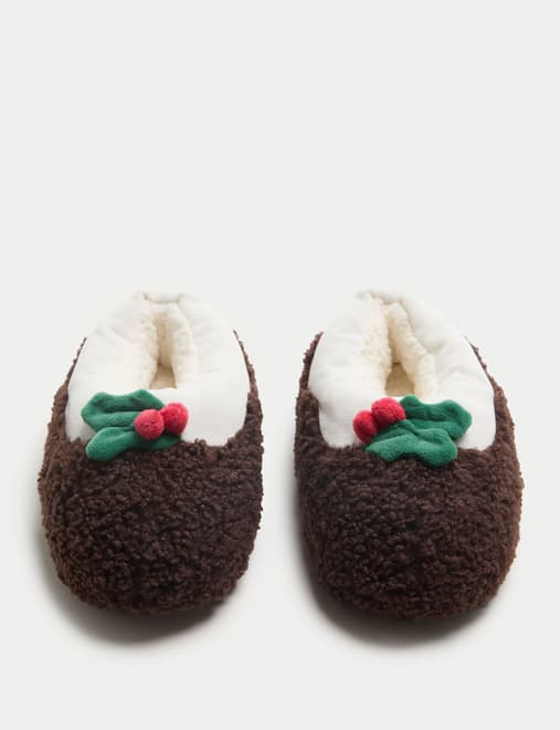 Kids' Christmas Pudding Faux Fur Slippers (9 Small - 7 Large)