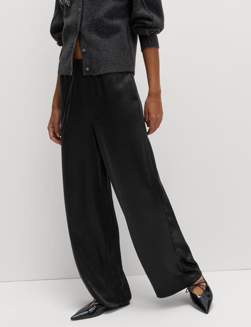 Satin Drawstring Wide Leg Trousers