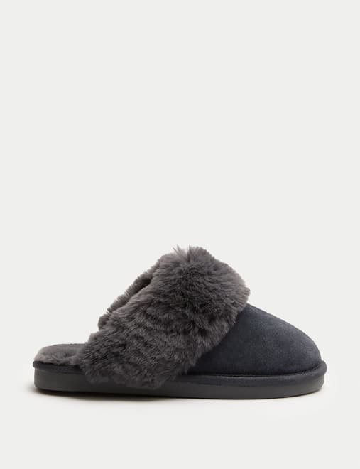 Suede Faux Fur Trim Mule Slippers