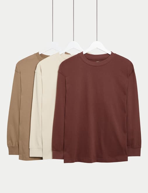 3 Pack Pure Cotton Long Sleeve Tops (6-16 Yrs)