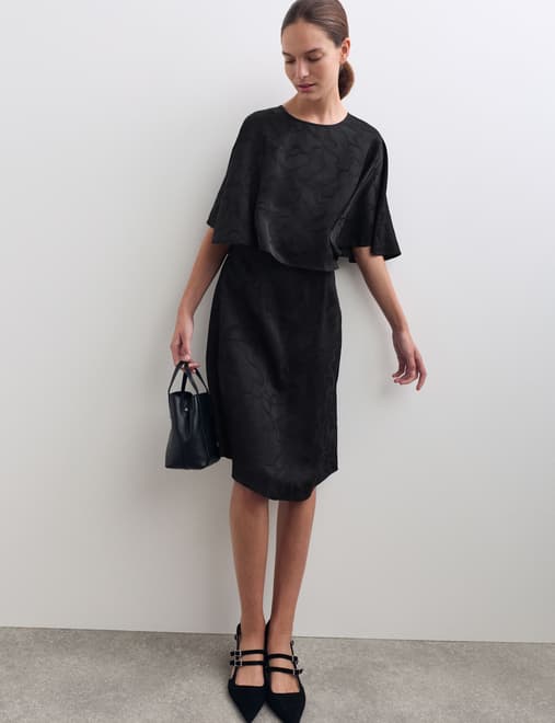 Floral Jacquard Mini Shift Dress with Cape