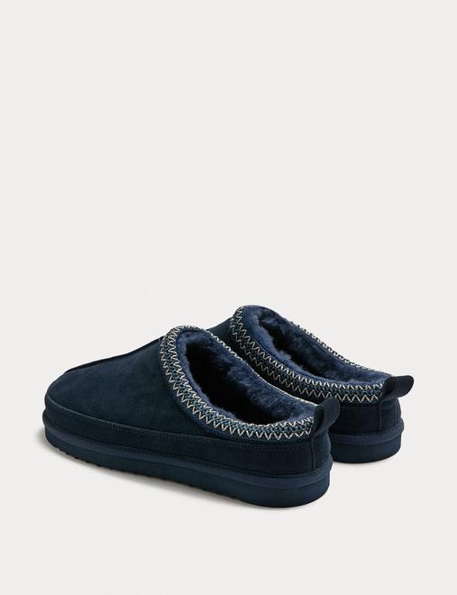 Suede Collared Embroidered Mule Slippers