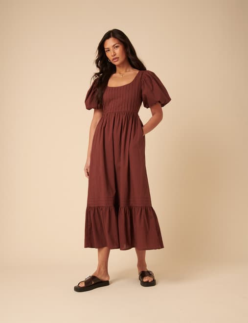 Brown Puff Sleeve Mimi Midi Dress