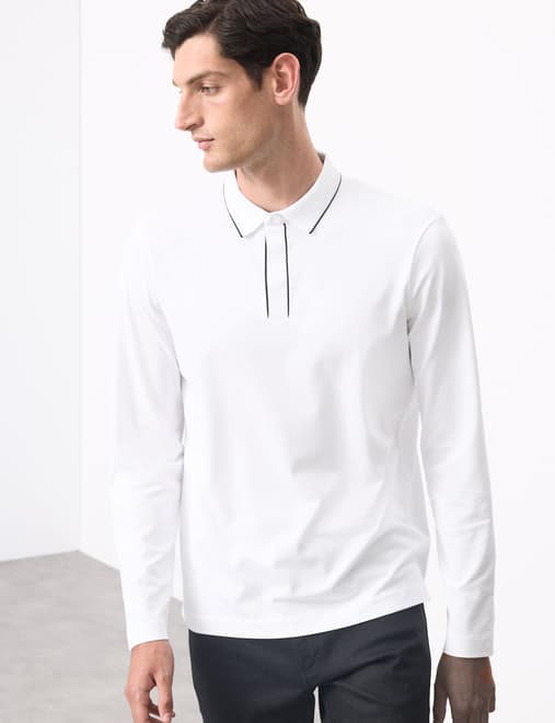 Cotton Blend Long Sleeve Polo Shirt