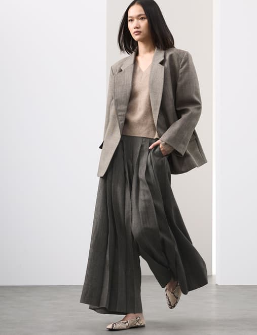 Pure Wool Pleated Wide Leg Trousers