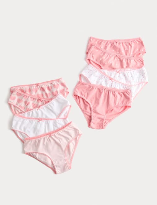 10pk Cotton with Stretch Pink Heart Knickers (2-14 Yrs)