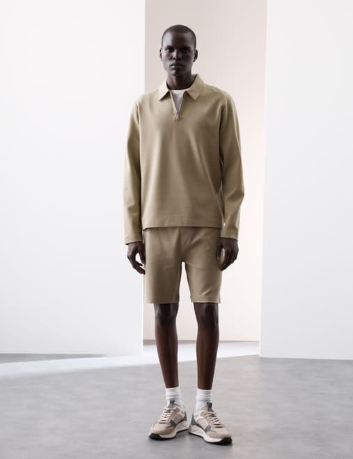 Cotton Rich Waffle Half Zip Long Sleeve Top