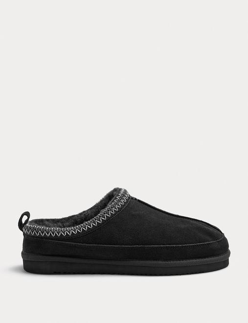 Suede Collared Embroidered Mule Slippers