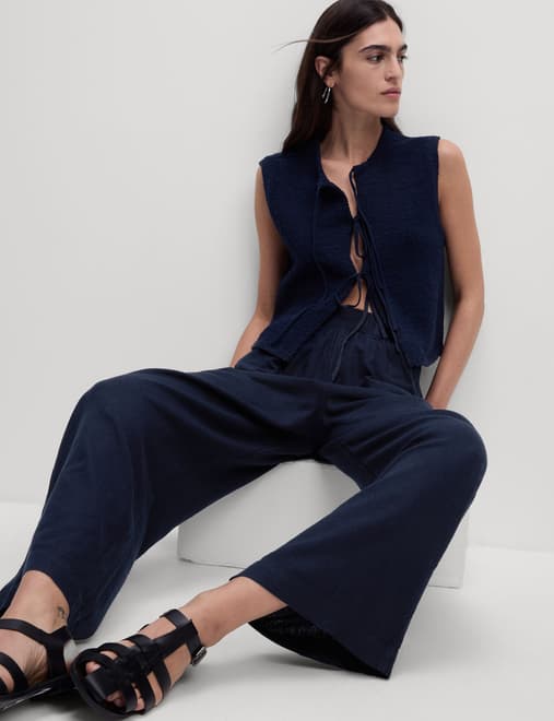 Linen Rich Wide Leg Cropped Trousers