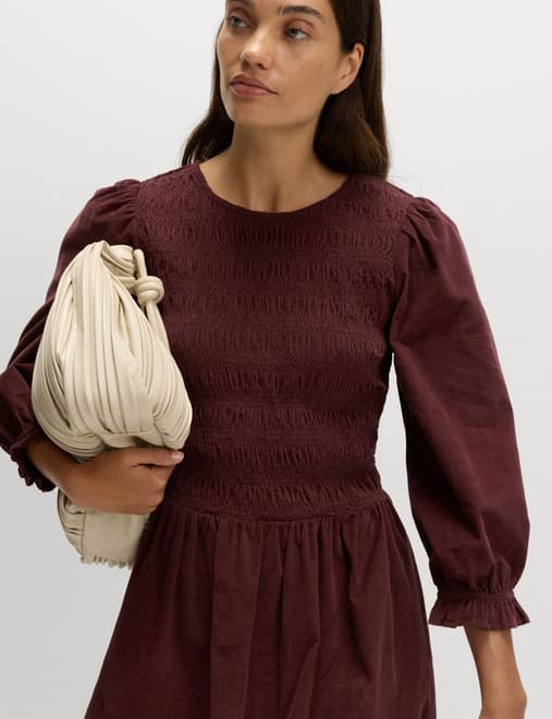 Corduroy Midi Shirred Waisted Dress