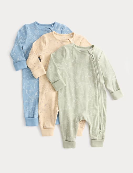 3pk Cotton Rich Ribbed Safari Sleepsuits (6½lbs-3 Yrs)