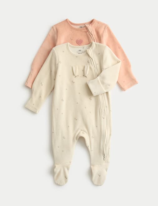 2pk Cotton Rich Velour Bunny Sleepsuits (0-3 Yrs)