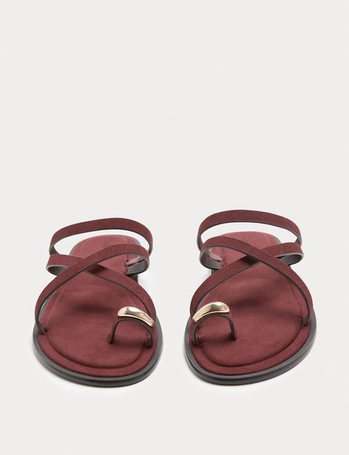 Suede Strappy Flat Toe Loop Sandals