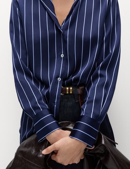 Satin Striped Collared V-Neck Shirt