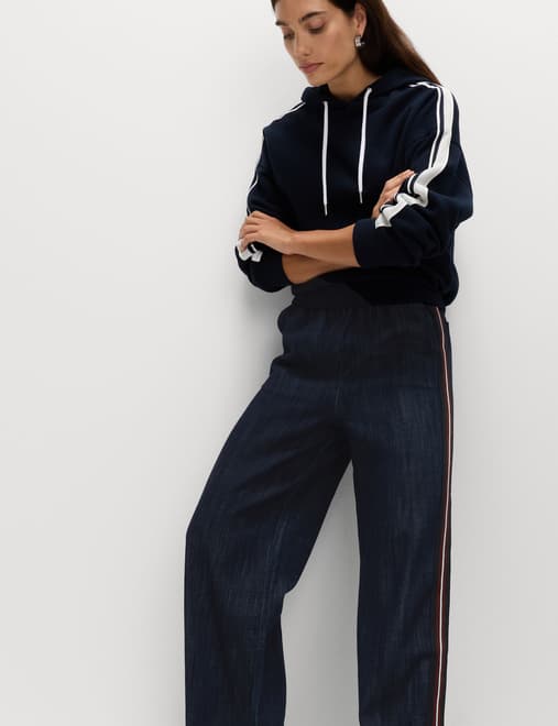 Cotton Rich Denim Side Stripe Wide Leg Trousers