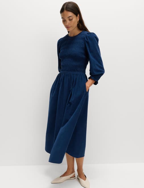 Corduroy Midi Shirred Waisted Dress