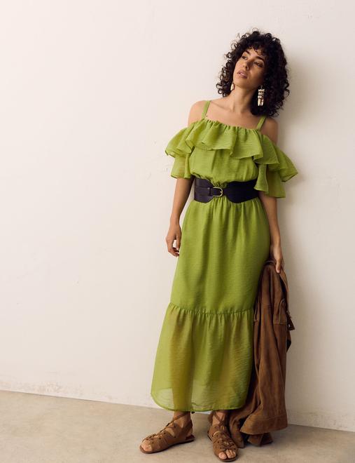 Frill Detail Strappy Midaxi Tiered Dress
