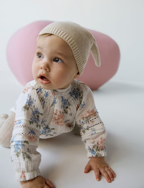 3pc Cotton Rich Floral Bodysuit with Hat and Tights