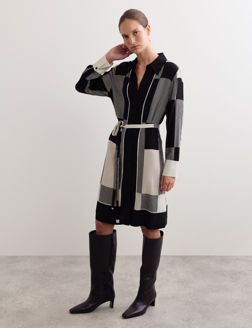 Printed Belted Knee Length Shirt Dress