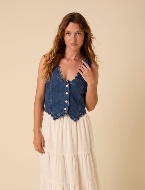 Blue Denim Scallop Trim Waistcoat