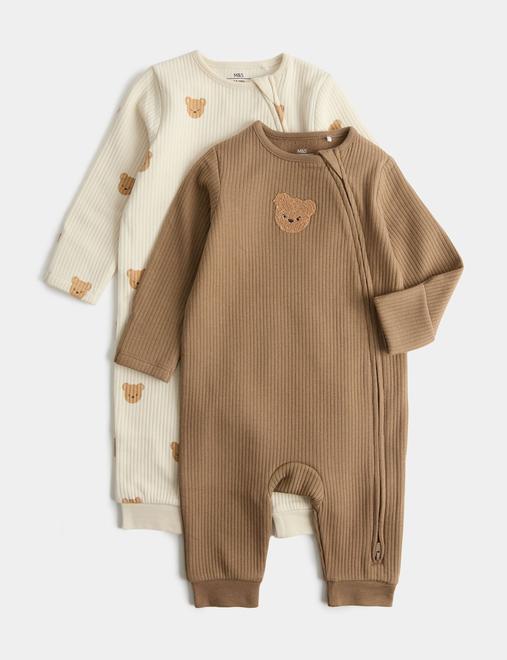 2 Pack Cotton Blend Bear Sleepsuits (0-3 Yrs)