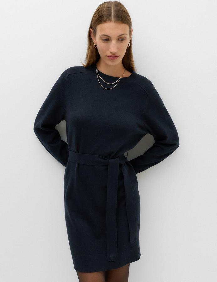 Air-Yarn Crew Neck Waisted Mini Knitted Dress