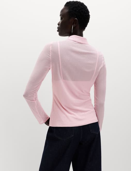 Mesh Embellished Fitted Shirt