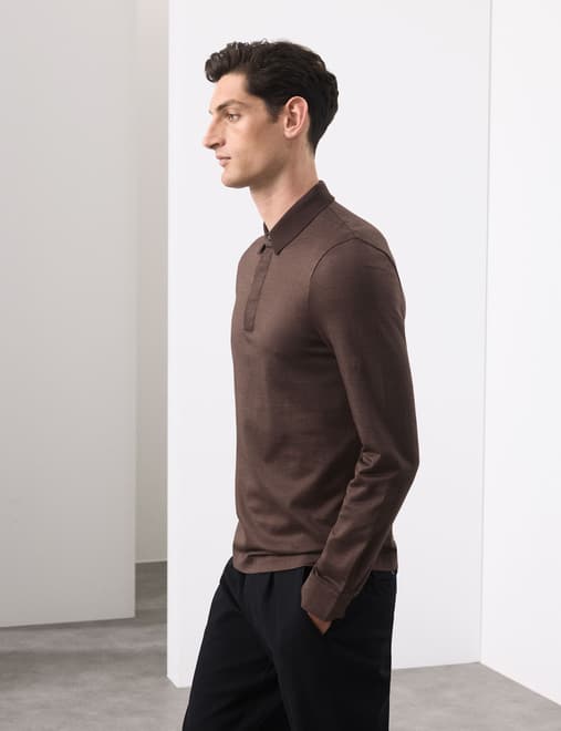 Pure Cotton Textured Long Sleeve Polo Shirt
