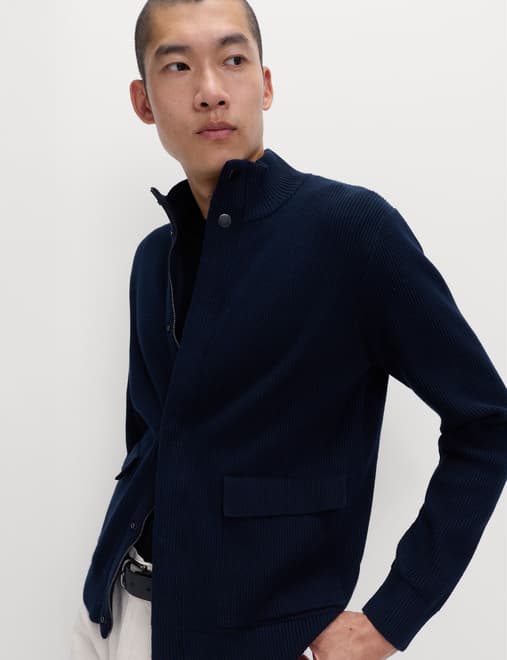 Cotton Blend Ribbed Funnel Neck Jacket