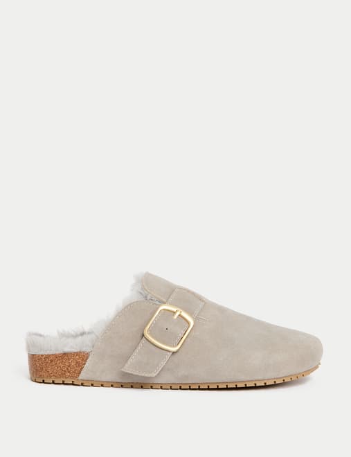 Suede Faux Fur Lined Clog Mule Slippers