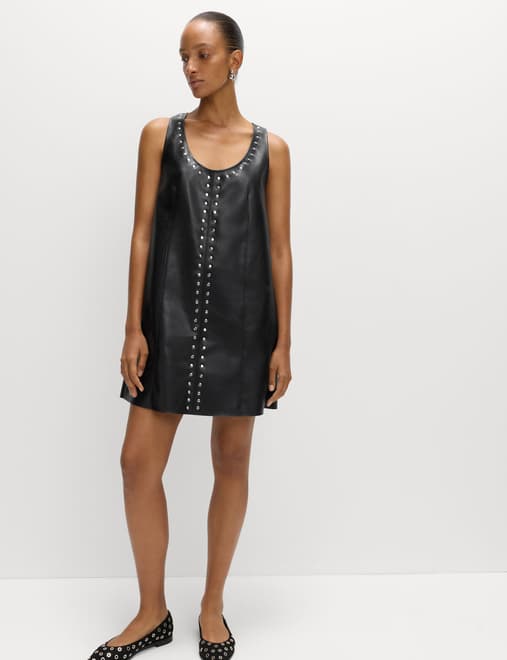 Faux Leather Embellished Mini Shift Dress