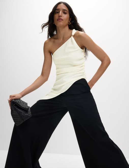 Ruched Hardware Detail Asymmetric Neck Top