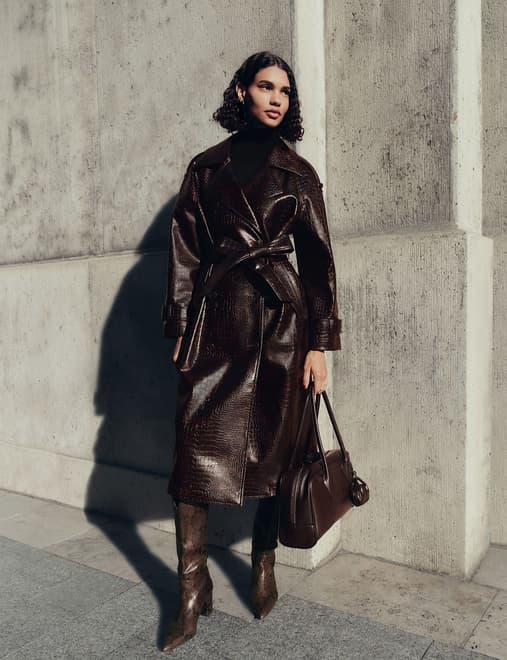Croc Faux Leather Belted Longline Trench Coat