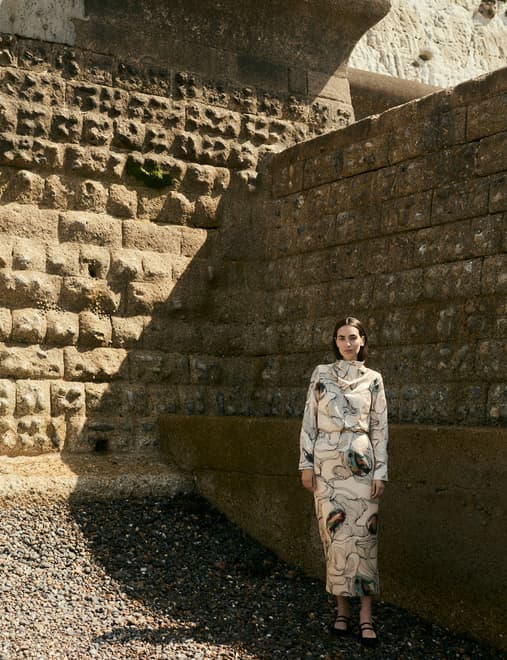 Silk Blend Oyster Print Midi Column Skirt