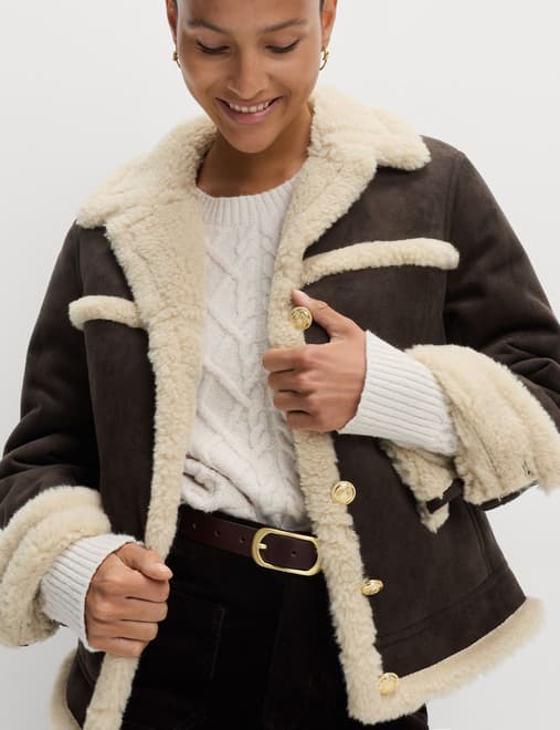 Faux Shearling Suedette Collared Button Aviator Jacket