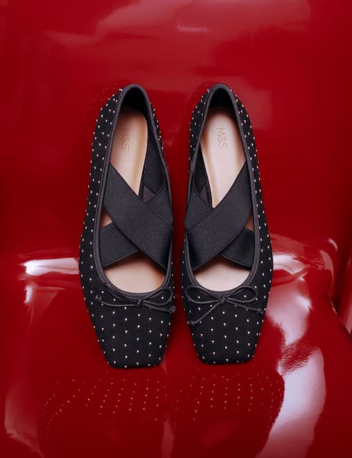 Satin Studded Flat Ballet Pumps