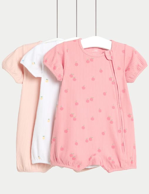 3pk Cotton Rich Rompers (0-1 Yrs)