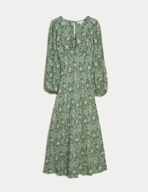 Printed V-Neck Tie Front Midi Dress