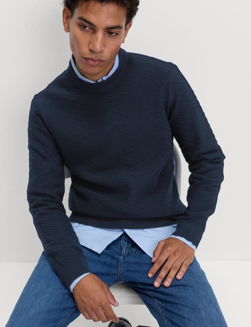 Cotton Blend Herringbone Crew neck Jumper