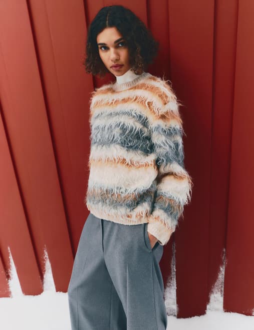 Striped Crew Neck Relaxed Jumper with Wool