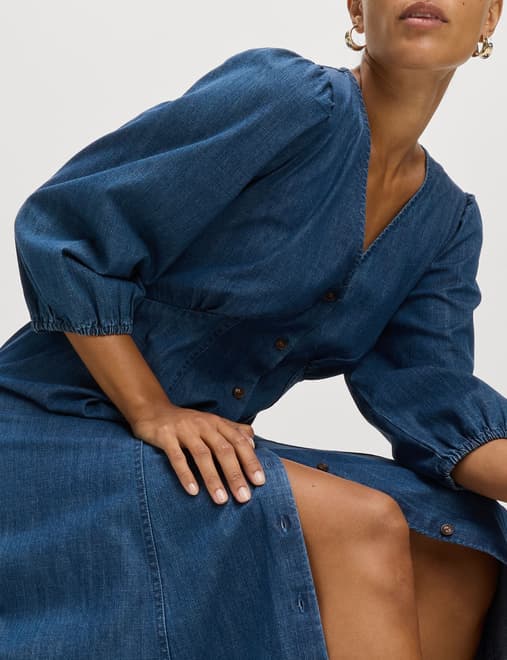 Denim V-Neck Tie Waist Midi Tea Dress