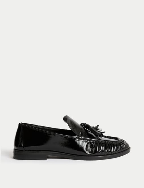 Leather Patent Ruched Tassel Flat Loafers