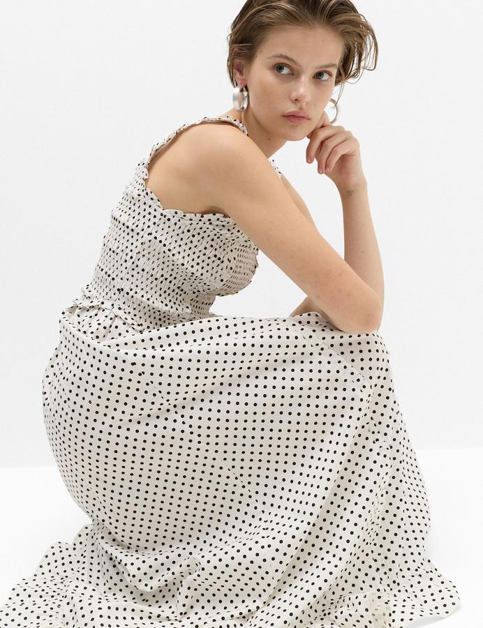 Pure Cotton Polka Dot Ruffle Midi Skater Dress