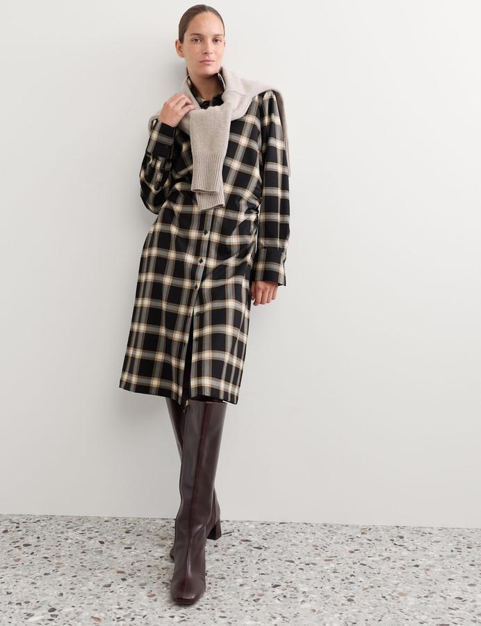 Wool Rich Checked Collared Midi Shirt Dress