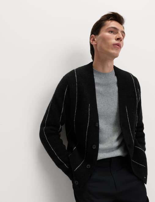 Striped V-Neck Cardigan with Wool