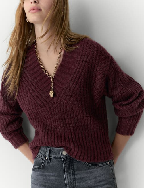 Ribbed V-Neck Puff Sleeve Jumper with Wool
