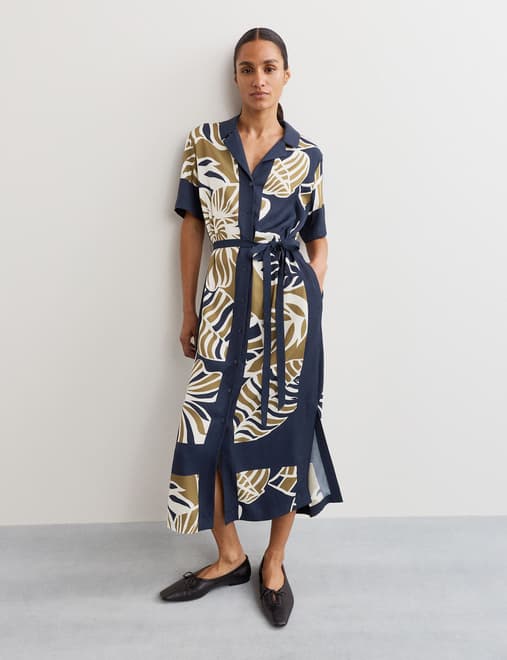 Leaf Print Side Stripe Midi Shirt Dress