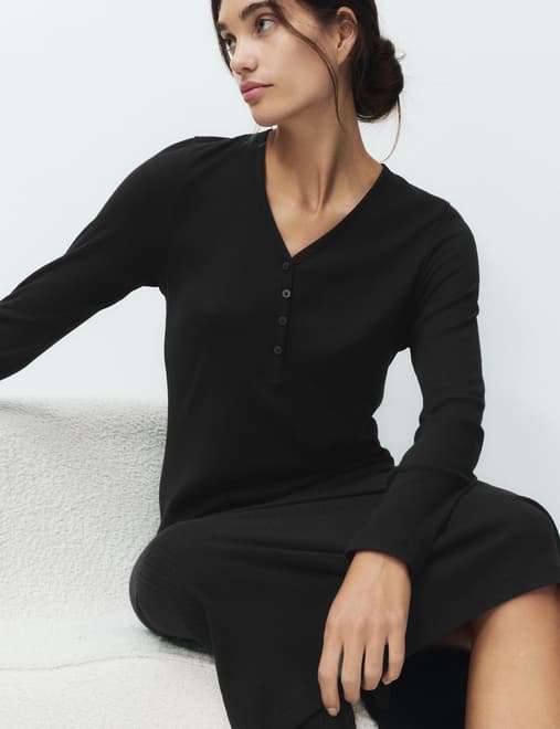 Ribbed Henley Long Sleeve Long Nightdress