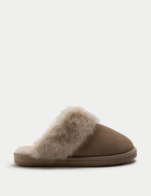 Suede Faux Fur Trim Mule Slippers